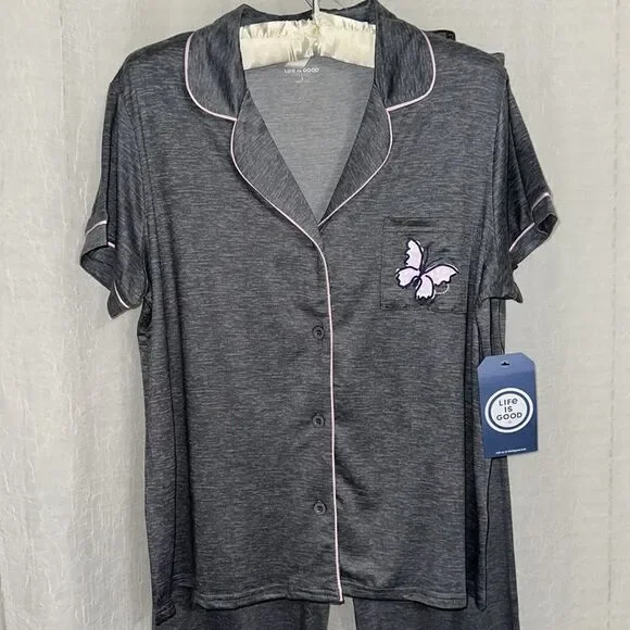 Life is Good L-XL Gray Pink Trim Notch Collar 2 pc Short Sleeve Top Pants PJ Set - Picture 9 of 16